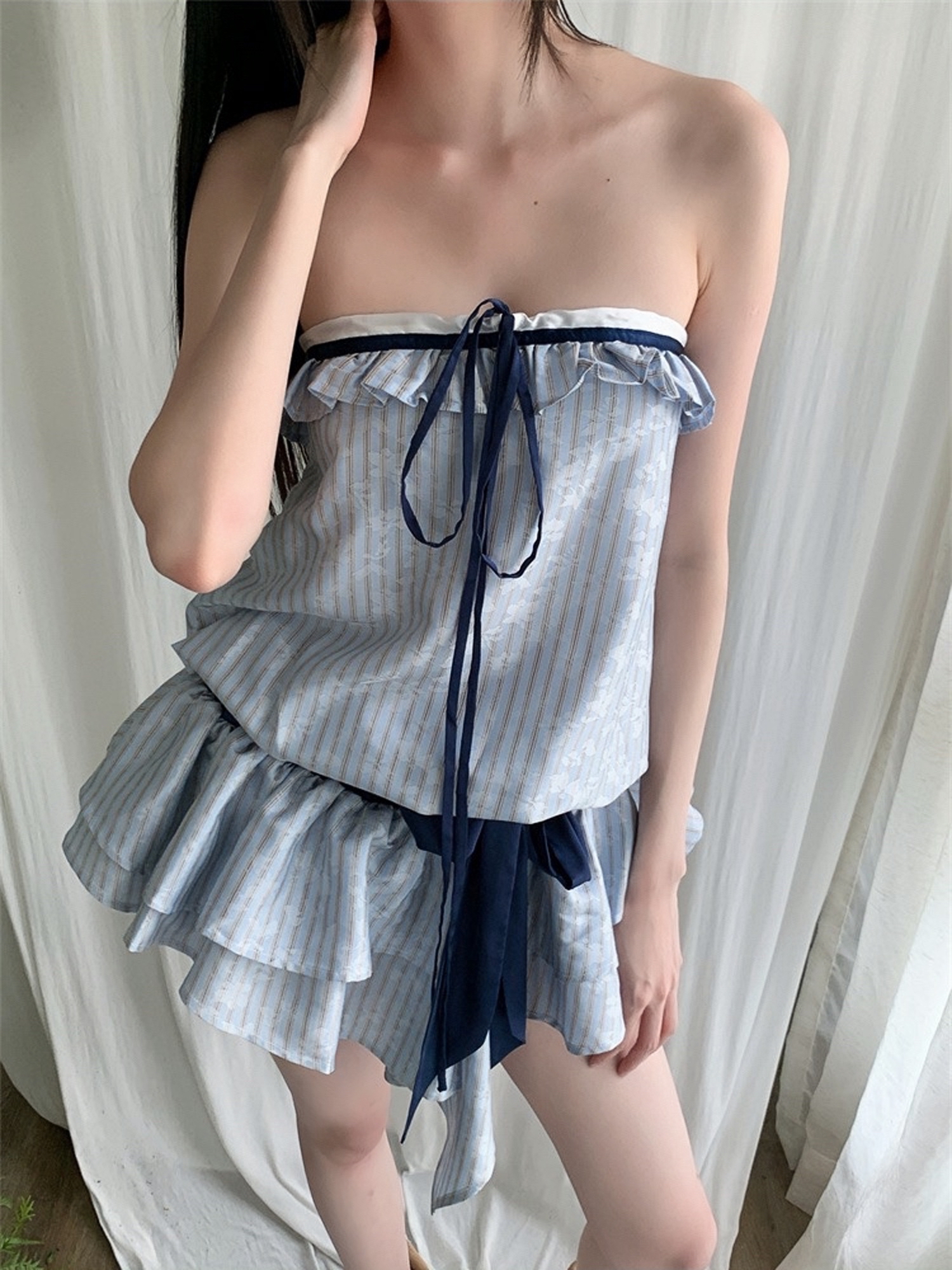 Light Blue Jacquard Striped Color-Blocking Irregular Tube Top Dress - Summer Fashion, Casual Style, Trendy Look Light Blue Jacquard Striped Color-Blocking Irregular Tube Top Dress - Summer Fashion, Casual Style, Trendy Look