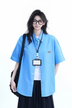 Light Blue Korean-Style Short Sleeve Shirt for Women - Summer Loose Fit Casual College Top with Quote Design