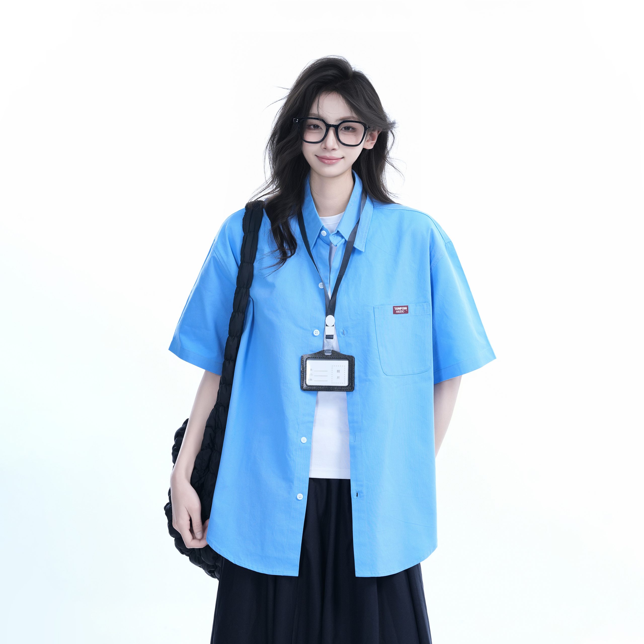 Light Blue Korean-Style Short Sleeve Shirt for Women - Summer Loose Fit Casual College Top with Quote Design Light Blue Korean-Style Short Sleeve Shirt for Women - Summer Loose Fit Casual College Top with Quote Design