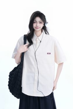 Light Blue Korean-Style Short Sleeve Shirt for Women - Summer Loose Fit Casual College Top with Quote Design