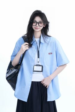 Light Blue Korean-Style Short Sleeve Shirt for Women - Summer Loose Fit Casual College Top with Quote Design