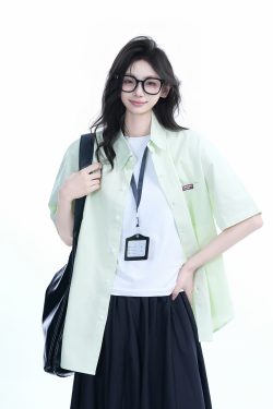 Light Blue Korean-Style Short Sleeve Shirt for Women - Summer Loose Fit Casual College Top with Quote Design