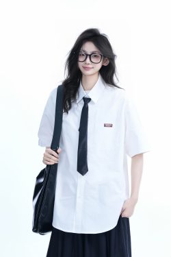 Light Blue Korean-Style Short Sleeve Shirt for Women - Summer Loose Fit Casual College Top with Quote Design