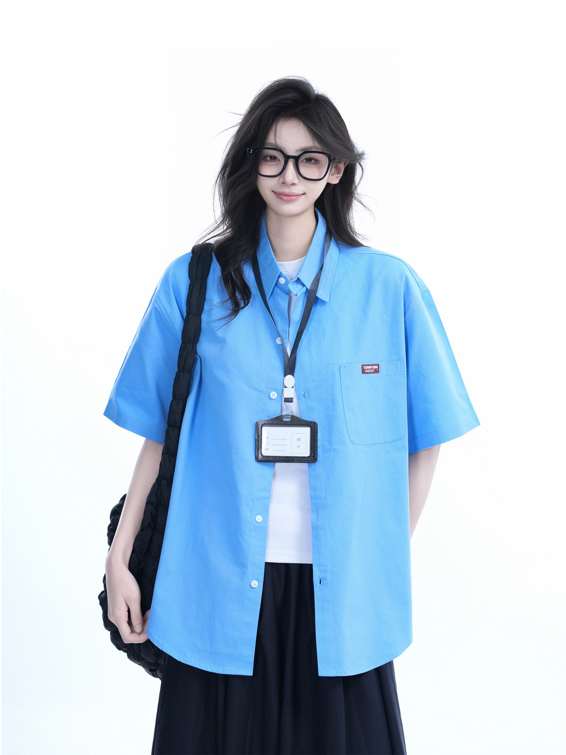 Light Blue Korean-Style Short Sleeve Shirt for Women - Summer Loose Fit Casual College Top with Quote Design Light Blue Korean-Style Short Sleeve Shirt for Women - Summer Loose Fit Casual College Top with Quote Design