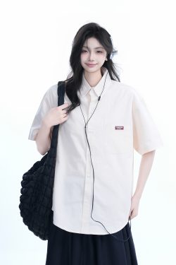 Light Blue Korean-Style Short Sleeve Shirt for Women - Summer Loose Fit Casual College Top with Quote Design