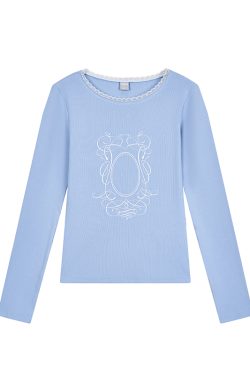 Light Blue Lace Trim Ballet-Style Round Neck Long Sleeve Women's T-Shirt - Vintage-Inspired, Y2K Fashion Top