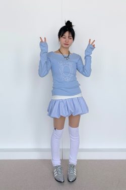 Light Blue Lace Trim Ballet-Style Round Neck Long Sleeve Women's T-Shirt - Vintage-Inspired, Y2K Fashion Top