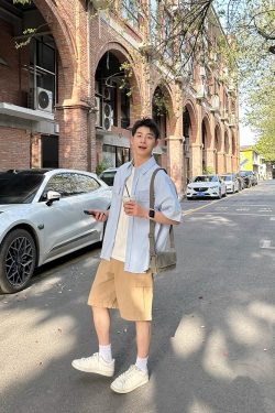 Light Blue Multi-Pocket Short Sleeve Shirt for Men and Women - Casual Loose Summer Workwear Top