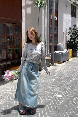 Light Blue Retro Denim Lace High-Waisted Skirt - Women's Summer Loose Long Skirt, Vintage Inspired, Casual Floral Style