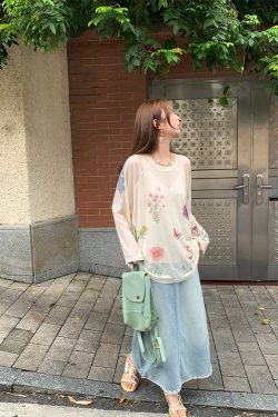 Light Blue Retro Denim Lace High-Waisted Skirt - Women's Summer Loose Long Skirt, Vintage Inspired, Casual Floral Style