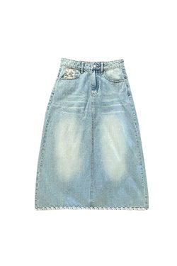 Light Blue Retro Denim Lace High-Waisted Skirt - Women's Summer Loose Long Skirt, Vintage Inspired, Casual Floral Style
