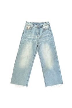 Light Blue Retro Distressed Straight Leg Jeans for Women - Vintage Summer Loose High Waist Daisy Print Pants
