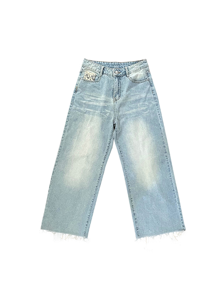 Light Blue Retro Distressed Straight Leg Jeans for Women - Vintage Summer Loose High Waist Daisy Print Pants Light Blue Retro Distressed Straight Leg Jeans for Women - Vintage Summer Loose High Waist Daisy Print Pants