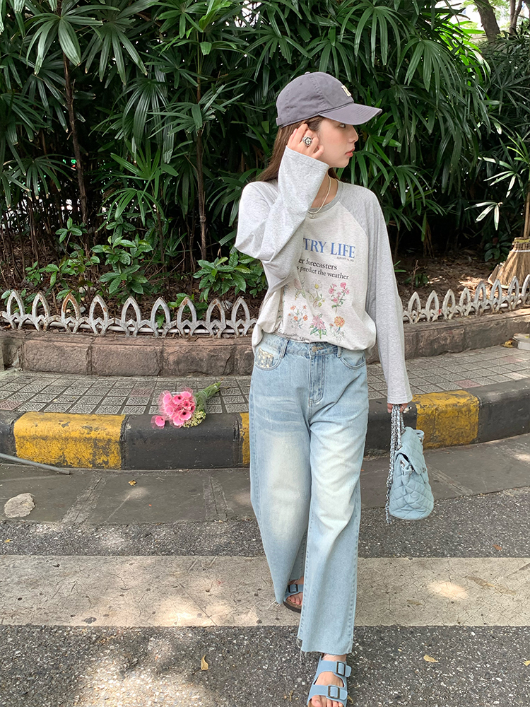 Light Blue Retro Distressed Straight Leg Jeans for Women - Vintage Summer Loose High Waist Daisy Print Pants Light Blue Retro Distressed Straight Leg Jeans for Women - Vintage Summer Loose High Waist Daisy Print Pants