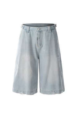 Light Blue Ripped Cropped Jeans for Men & Women - Retro American Style Summer Hip-Hop Loose Shorts Trend