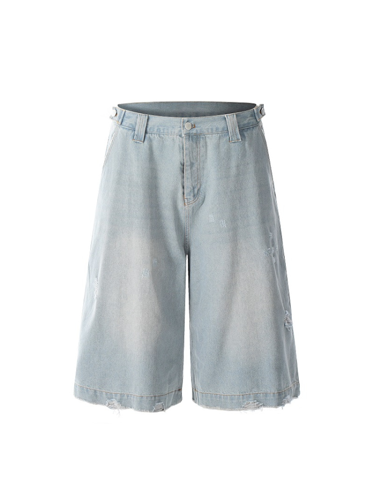 Light Blue Ripped Cropped Jeans for Men & Women - Retro American Style Summer Hip-Hop Loose Shorts Trend Light Blue Ripped Cropped Jeans for Men & Women - Retro American Style Summer Hip-Hop Loose Shorts Trend