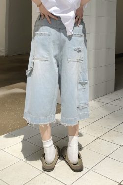 Light Blue Ripped Cropped Jeans for Men & Women - Retro American Style Summer Hip-Hop Loose Shorts Trend