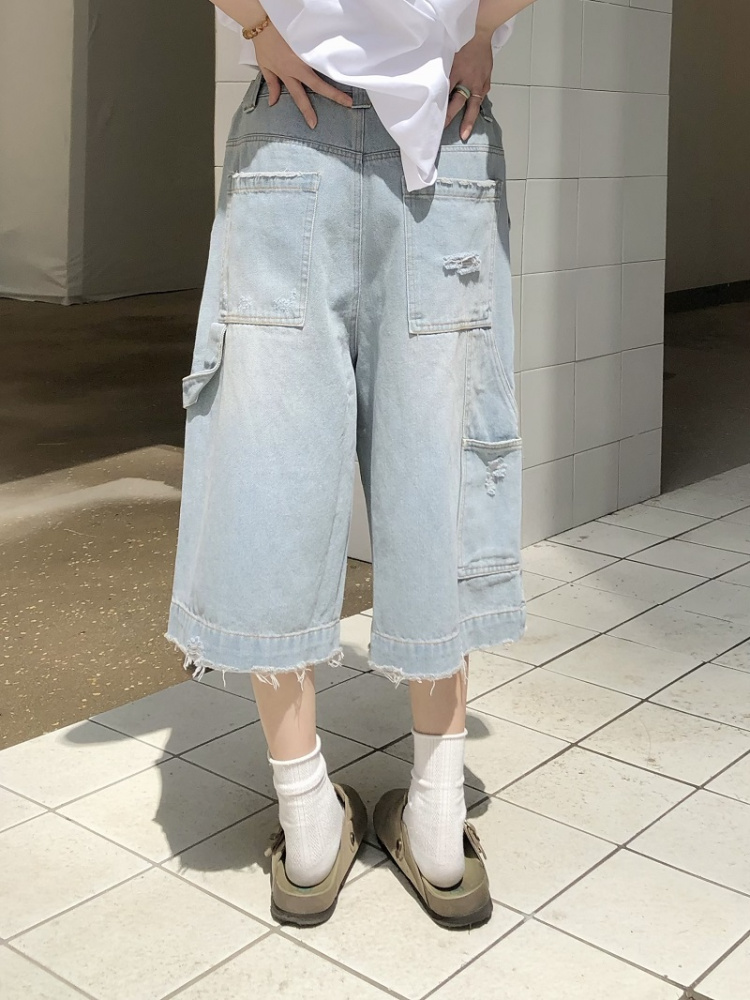 Light Blue Ripped Cropped Jeans for Men & Women - Retro American Style Summer Hip-Hop Loose Shorts Trend Light Blue Ripped Cropped Jeans for Men & Women - Retro American Style Summer Hip-Hop Loose Shorts Trend