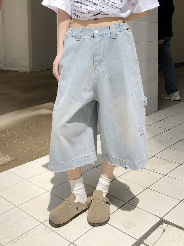 Light Blue Ripped Cropped Jeans for Men & Women - Retro American Style Summer Hip-Hop Loose Shorts Trend Light Blue Ripped Cropped Jeans for Men & Women - Retro American Style Summer Hip-Hop Loose Shorts Trend