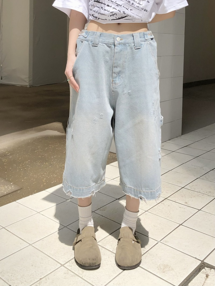 Light Blue Ripped Cropped Jeans for Men & Women - Retro American Style Summer Hip-Hop Loose Shorts Trend Light Blue Ripped Cropped Jeans for Men & Women - Retro American Style Summer Hip-Hop Loose Shorts Trend