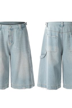 Light Blue Ripped Cropped Jeans for Men & Women - Retro American Style Summer Hip-Hop Loose Shorts Trend