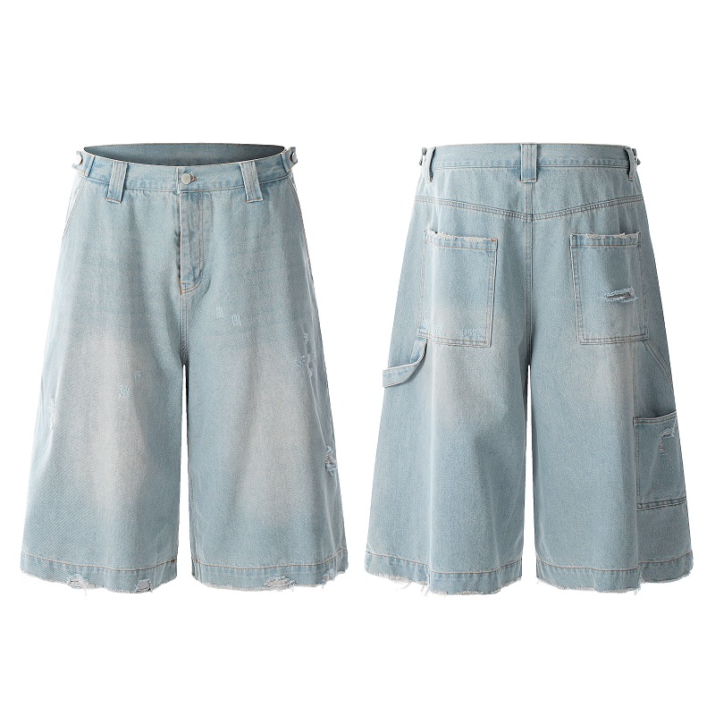 Light Blue Ripped Cropped Jeans for Men & Women - Retro American Style Summer Hip-Hop Loose Shorts Trend Light Blue Ripped Cropped Jeans for Men & Women - Retro American Style Summer Hip-Hop Loose Shorts Trend