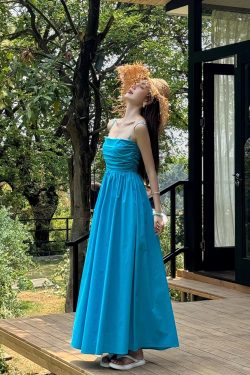 Light Blue Spaghetti Strap Dress with Cinched Waist and Flared Skirt for Beach Vacation, Summer Style, Vacation Ready