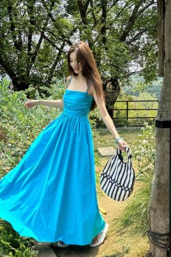 Light Blue Spaghetti Strap Dress with Cinched Waist and Flared Skirt for Beach Vacation, Summer Style, Vacation Ready