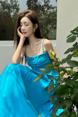 Light Blue Spaghetti Strap Dress with Cinched Waist and Flared Skirt for Beach Vacation, Summer Style, Vacation Ready