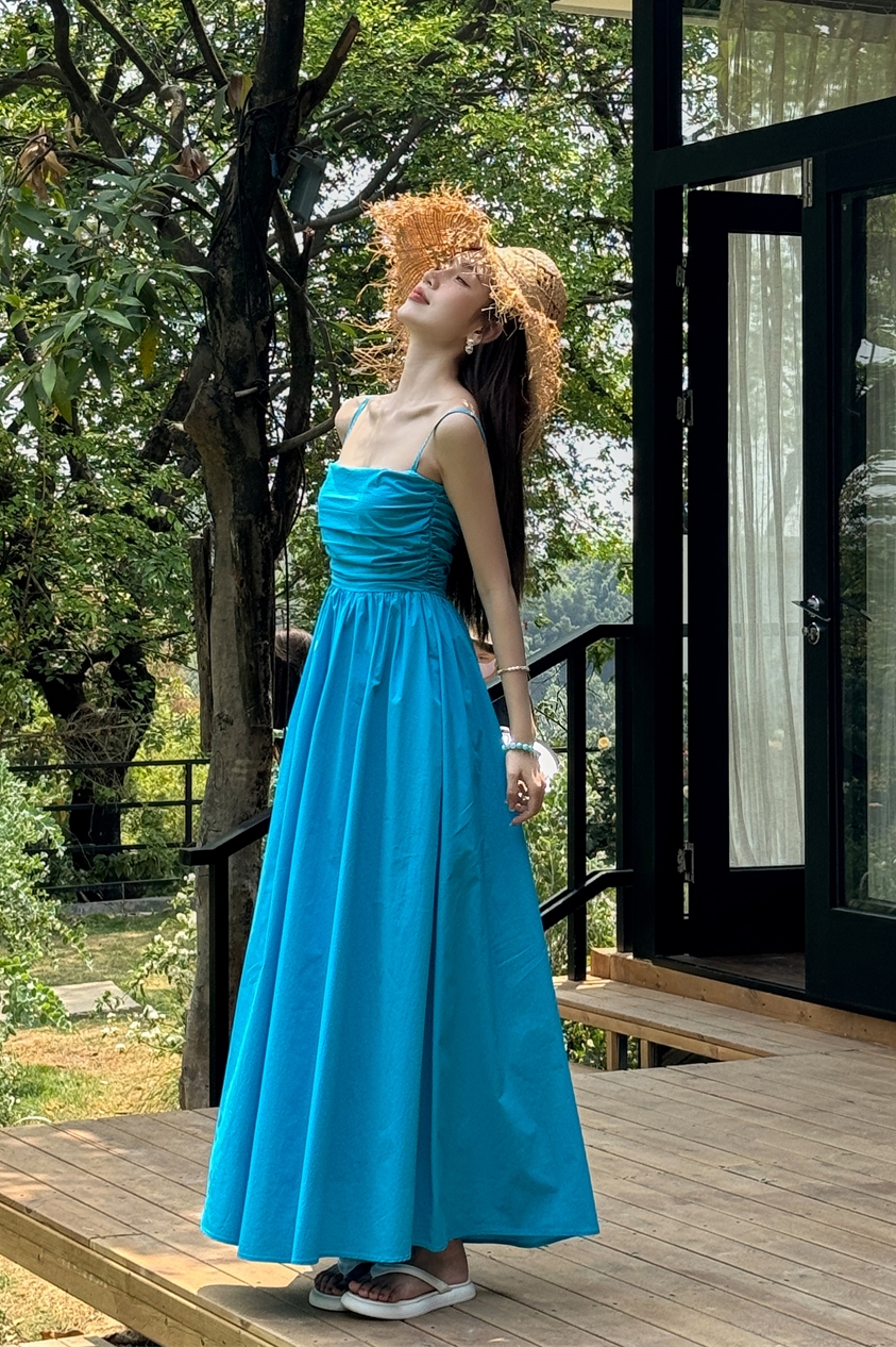 Light Blue Spaghetti Strap Dress with Cinched Waist and Flared Skirt for Beach Vacation, Summer Style, Vacation Ready