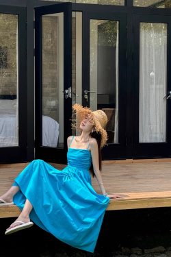 Light Blue Spaghetti Strap Dress with Cinched Waist and Flared Skirt for Beach Vacation, Summer Style, Vacation Ready