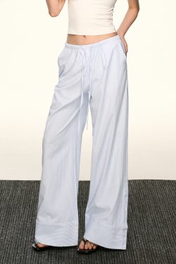 Light Blue Striped Drawstring Casual Pants for Women - Retro Wide-Leg Design for Spring and Summer, Relaxed Fit, Y2K Style