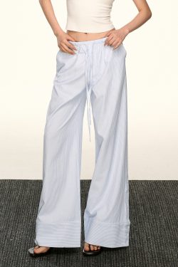Light Blue Striped Drawstring Casual Pants for Women - Retro Wide-Leg Design for Spring and Summer, Relaxed Fit, Y2K Style