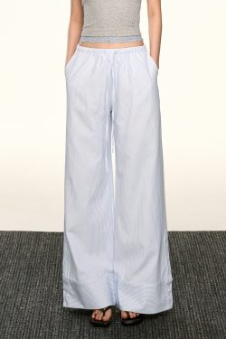 Light Blue Striped Drawstring Casual Pants for Women - Retro Wide-Leg Design for Spring and Summer, Relaxed Fit, Y2K Style