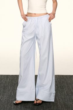 Light Blue Striped Drawstring Casual Pants for Women - Retro Wide-Leg Design for Spring and Summer, Relaxed Fit, Y2K Style