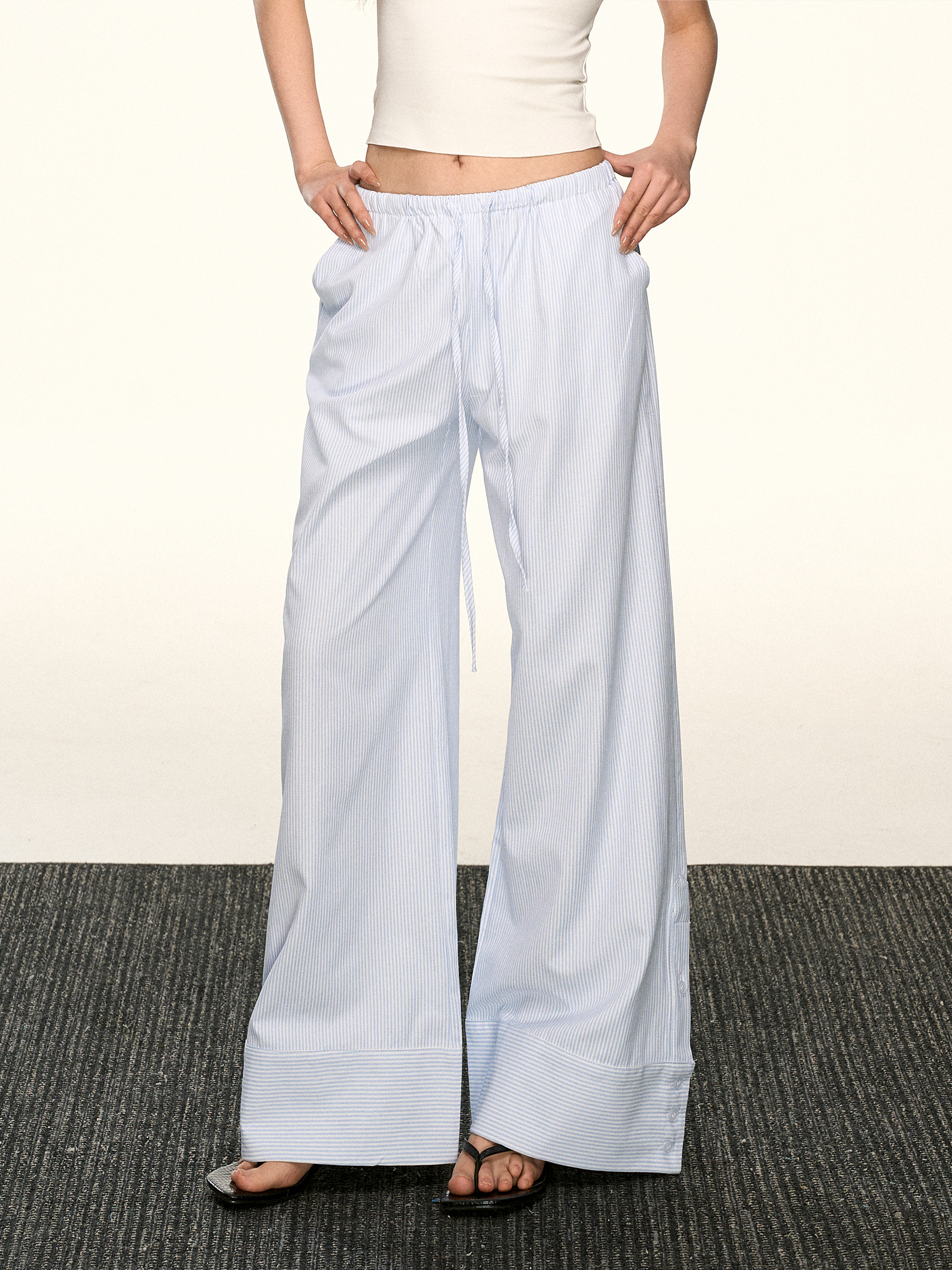 Light Blue Striped Drawstring Casual Pants for Women - Retro Wide-Leg Design for Spring and Summer, Relaxed Fit, Y2K Style Light Blue Striped Drawstring Casual Pants for Women - Retro Wide-Leg Design for Spring and Summer, Relaxed Fit, Y2K Style