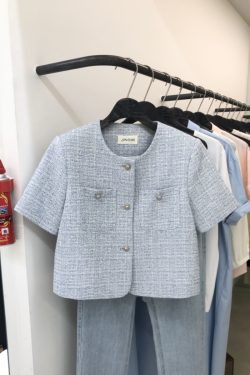 Light Blue Summer Short Blazer - Korean Style, Thin Fabric, Short Sleeve Top, 2025 Fashion, Flattering Goddess Look