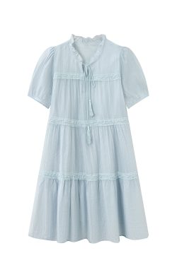 Light Blue Tassel Tie Dress for Women - Summer National Style Loose Fit, Beautiful Design, Small Size, Perfect for Y2K and Korean Fashion