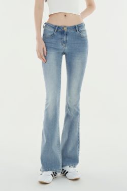 Light Blue Washed Low-Rise Slim-Fit Stretchy Flared Jeans - Vintage Y2K Style Denim Trousers for Trendy Casual Looks