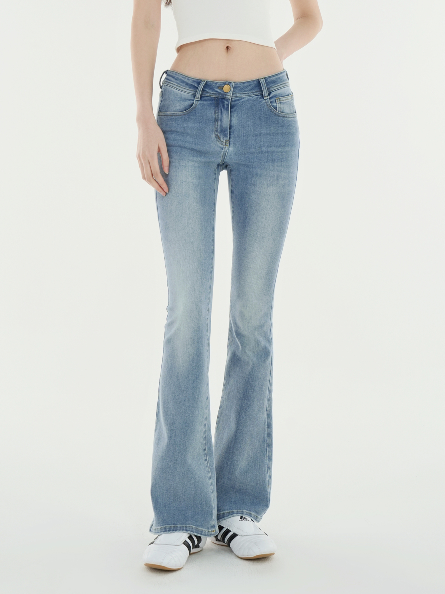 Light Blue Washed Low-Rise Slim-Fit Stretchy Flared Jeans - Vintage Y2K Style Denim Trousers for Trendy Casual Looks Light Blue Washed Low-Rise Slim-Fit Stretchy Flared Jeans - Vintage Y2K Style Denim Trousers for Trendy Casual Looks