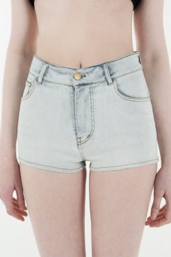 Light Blue Washed Stretchy Denim Shorts for Women - Retro 90s Style High-Waisted Casual Summer Shorts