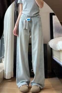 Light-Colored High-Waisted Wide-Leg Denim Pants for Women - Summer 2025 Plus Size Slim-Fit Straight-Leg Style