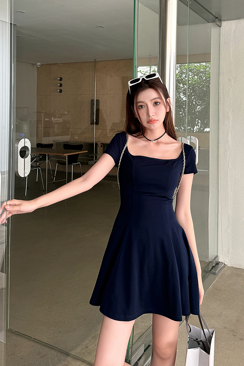 Light Fabric High-Waisted A-Line Skirt - Elegant Slimming Dark Blue Summer Style