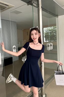 Light Fabric High-Waisted A-Line Skirt - Elegant Slimming Dark Blue Summer Style