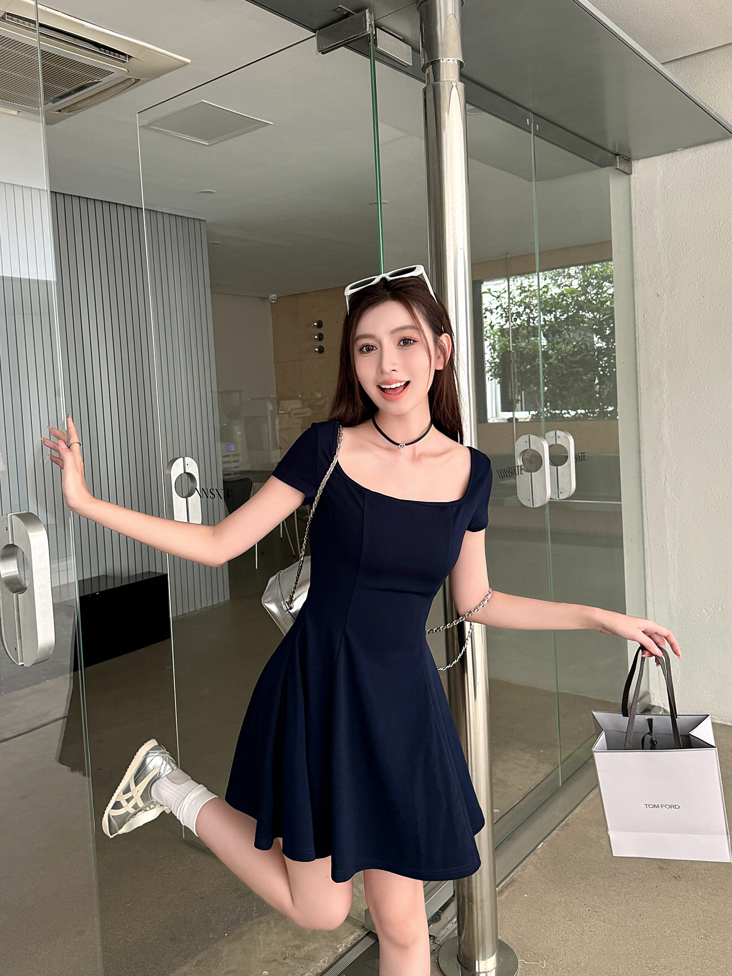 Light Fabric High-Waisted A-Line Skirt - Elegant Slimming Dark Blue Summer Style Light Fabric High-Waisted A-Line Skirt - Elegant Slimming Dark Blue Summer Style