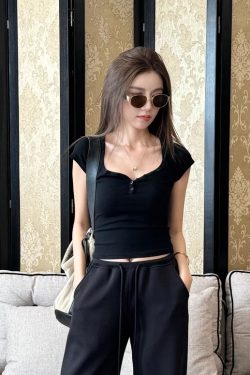 Light Fabric Summer Heart Collar Short Sleeve Slim T-Shirt & Low-Waist Draped Wide-Leg Pants Set for Women - Y2K Style