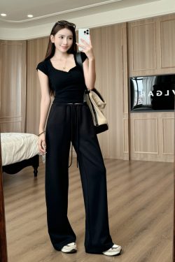 Light Fabric Summer Heart Collar Short Sleeve Slim T-Shirt & Low-Waist Draped Wide-Leg Pants Set for Women - Y2K Style
