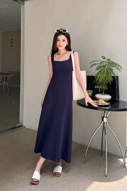 Light Gray Cotton Sleeveless Dress with Fitted Waist, French Style High-Waisted Long Skirt, Summer Thin Fabric for Women
