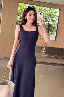 Light Gray Cotton Sleeveless Dress with Fitted Waist, French Style High-Waisted Long Skirt, Summer Thin Fabric for Women