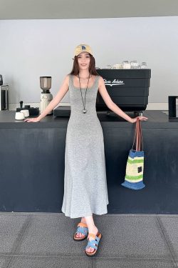 Light Gray Cotton Sleeveless Dress with Fitted Waist, French Style High-Waisted Long Skirt, Summer Thin Fabric for Women